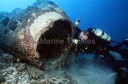 Diver entering cockpit through nose of Japanese Betty Bomber shot down during WW II. Diver entering cockpit through nose of Japanese Betty Bomber shot down during WW II.