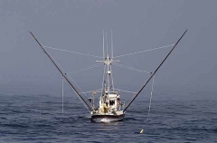 Small fishing boat trolling lines for salmon.