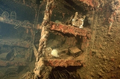 Artifacts and tools in storage shelves on the Fujikawa Maru, Japanese WW II shipwreck. Artifacts and tools in storage shelves on the Fujikawa Maru, Japanese WW II shipwreck.