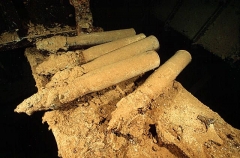 Large artillery shells balanced on beam in hold in the Heian Maru, Japanese WW II shipwreck. Large artillery shells balanced on beam in hold in the Heian Maru, Japanese WW II shipwreck.
