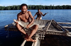 Indigenous hunter on outrigger canoe with captured Saltwater Crocodile (Crocodylus porosus) Indigenous hunter on outrigger canoe with captured Saltwater Crocodile (Crocodylus porosus)