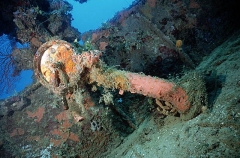 Telegraph control for communication with engine room on bridge of the Kansho Maru, Japanese WW II shipwreck. Telegraph control for communication with engine room on bridge of the Kansho Maru, Japanese WW II shipwreck.