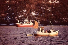 Modern trawler and old wooden Norwegian Sjark in herring fishing grounds. Modern trawler and old wooden Norwegian Sjark in herring fishing grounds.