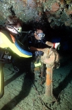 Diver with telegraph control for communication with engine room on the Nippo Maru, Japanese WW II shipwreck. Diver with telegraph control for communication with engine room on the Nippo Maru, Japanese WW II shipwreck.