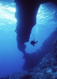 Diver under volcanic rock formation. Diver under volcanic rock formation.