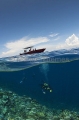 Diver descending from dive boat onto coral reef. Split shot. Diver descending from dive boat onto coral reef. Split shot.