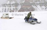 Skidoo and Kamotik or sled travelling across sea ice. Skidoo and Kamotik or sled travelling across sea ice.