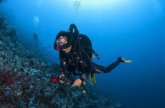 Diver, with camera, using a closed circuit rebreather, Drager unit. Diver, with camera, using a closed circuit rebreather, Drager unit.