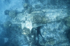 Diver inspecting Japanese Zero fighter shot down during WW II lying upside-dwon in lagoon shallows. Diver inspecting Japanese Zero fighter shot down during WW II lying upside-dwon in lagoon shallows.